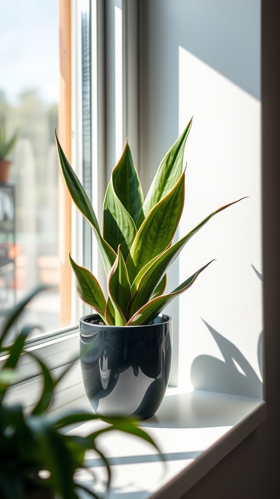 A healthy Snake Plant in a black pot, sitting on a windowsill, with sunlight casting shadows.