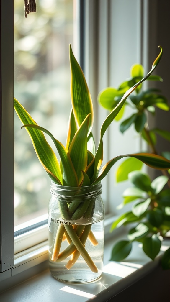 A snake plant growing in water, placed on a windowsill, with sunlight shining through.