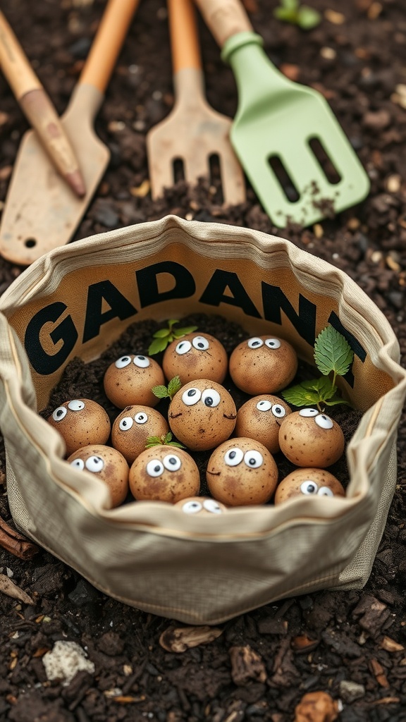 Seed potatoes with eyes facing up in a grow bag, surrounded by gardening tools
