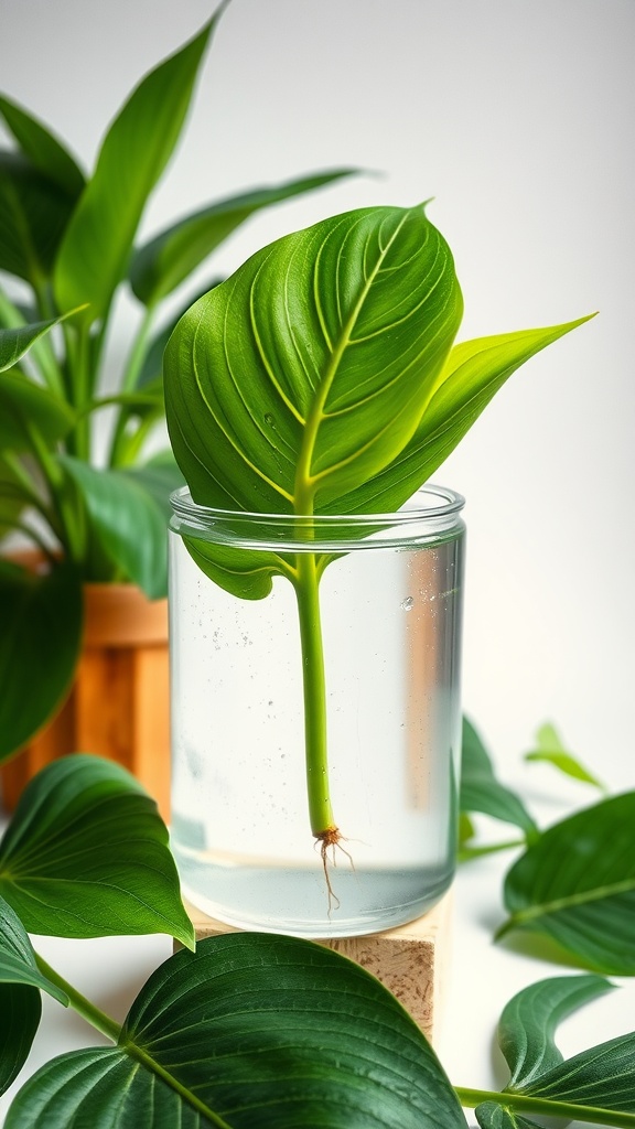 A Monstera cutting submerged in a jar of water, showcasing its vibrant leaf and developing roots.