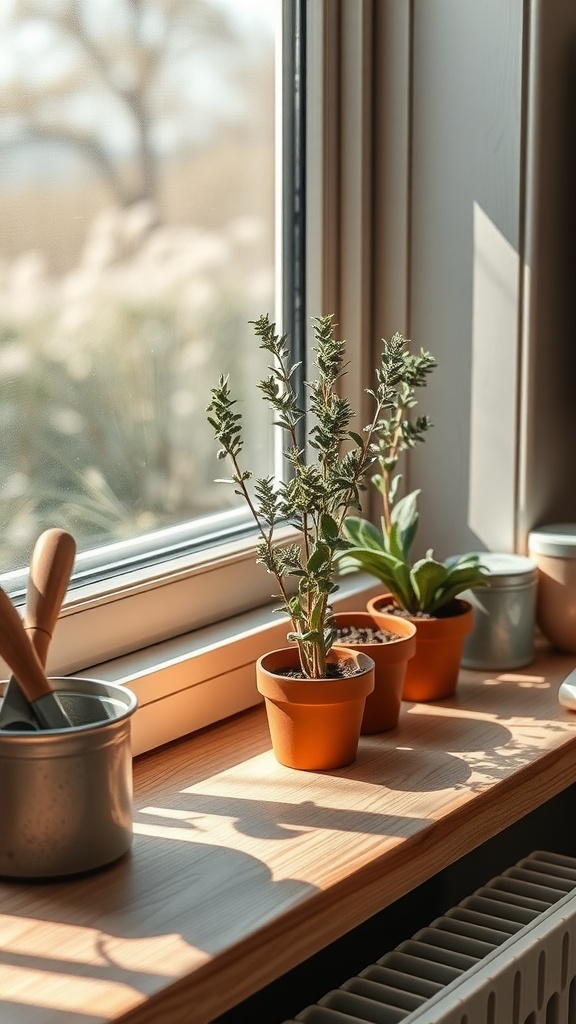 A bright window sill with sage cuttings in pots, enjoying indirect sunlight.
