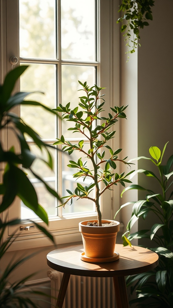A Money Tree plant positioned near a sunlit window, showcasing healthy leaves and a bright atmosphere.