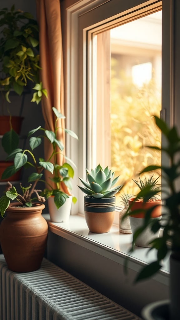A cozy windowsill with various plants and a succulent in a pot, basking in warm, indirect sunlight.