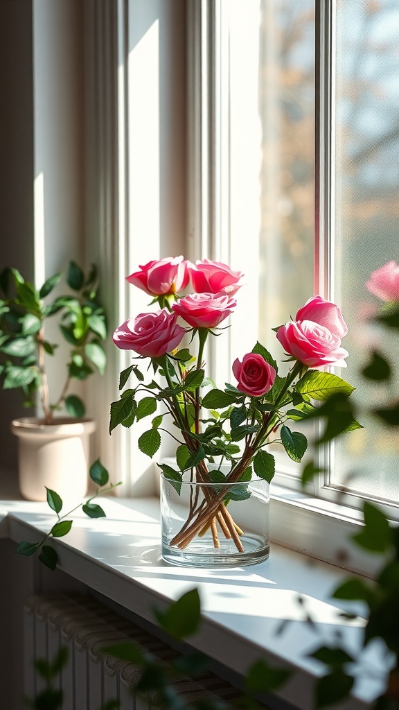 A vase of pink roses on a windowsill with sunlight filtering in