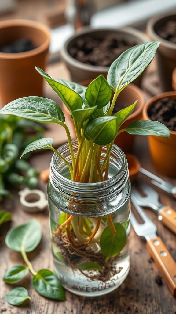 Pothos cuttings in a glass jar with roots in water, surrounded by pots filled with soil and gardening tools