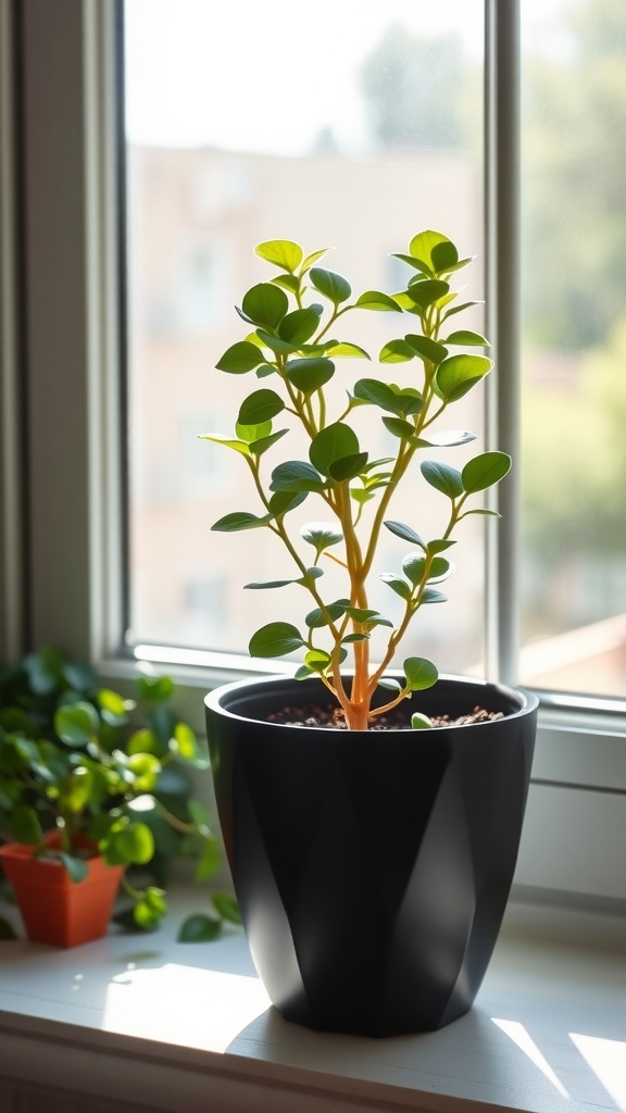 A healthy jade plant in a black pot, placed on a windowsill with indirect sunlight, showcasing jade propagation.