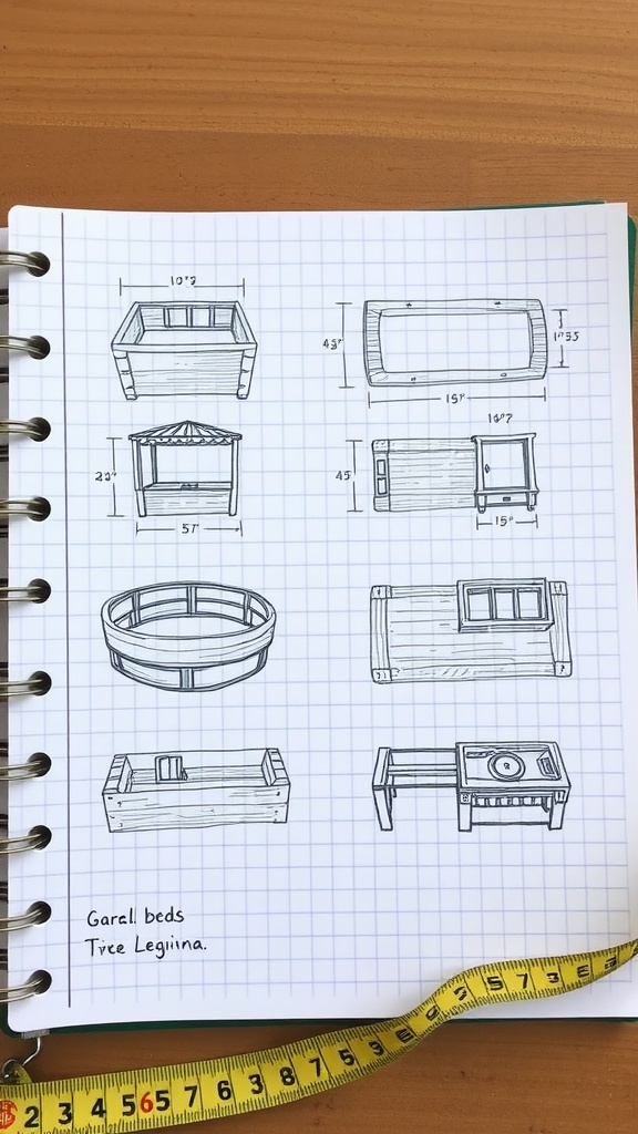 Sketches of different raised garden bed designs with measurements