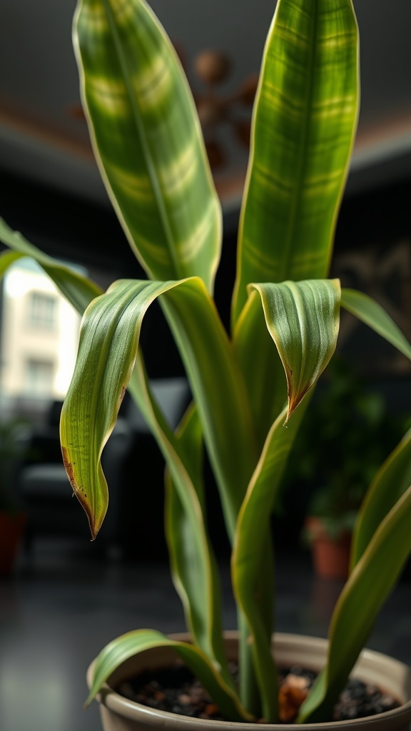 Close-up of a snake plant with drooping leaves, indicating potential age or decline.