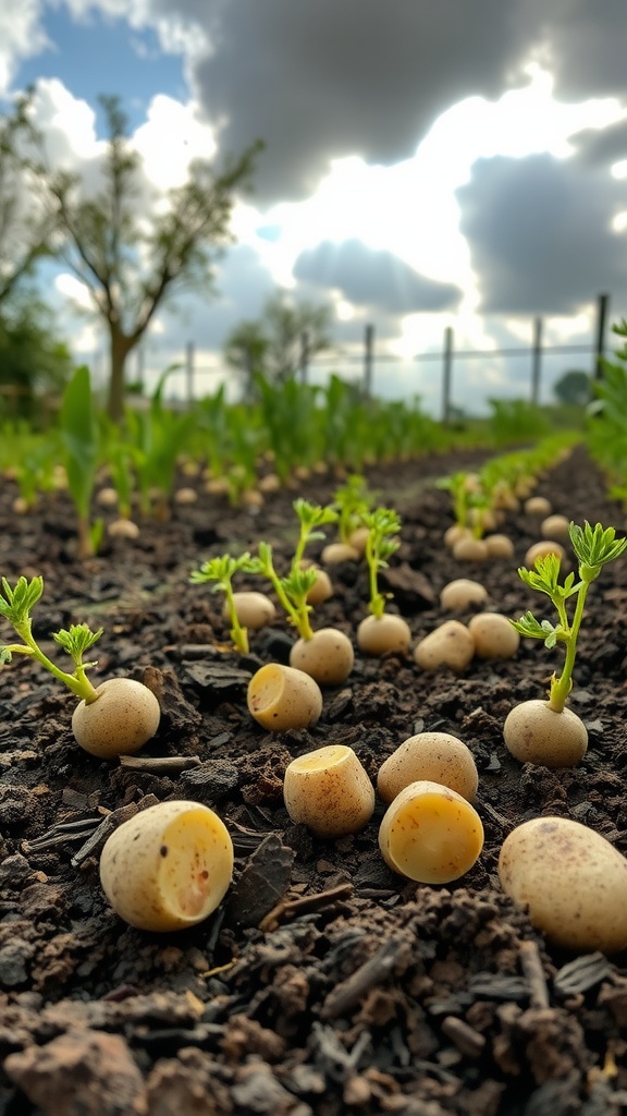 Close-up of chitted potatoes in soil with green sprouts