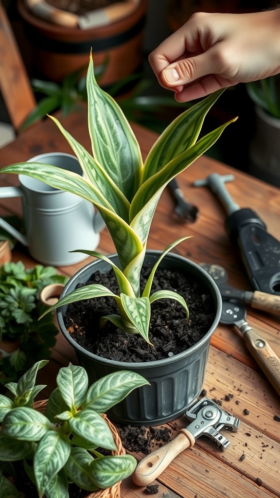 A person tending to a snake plant in a pot, preparing it for planting in well-draining potting mix.