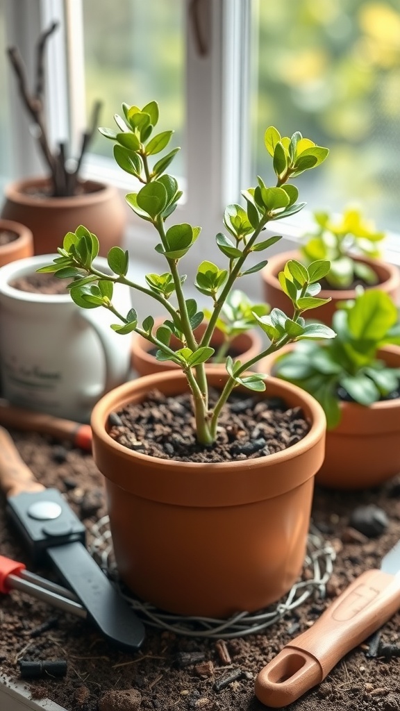 A jade plant cutting in a terracotta pot surrounded by gardening tools, showing dry soil ready for propagation.