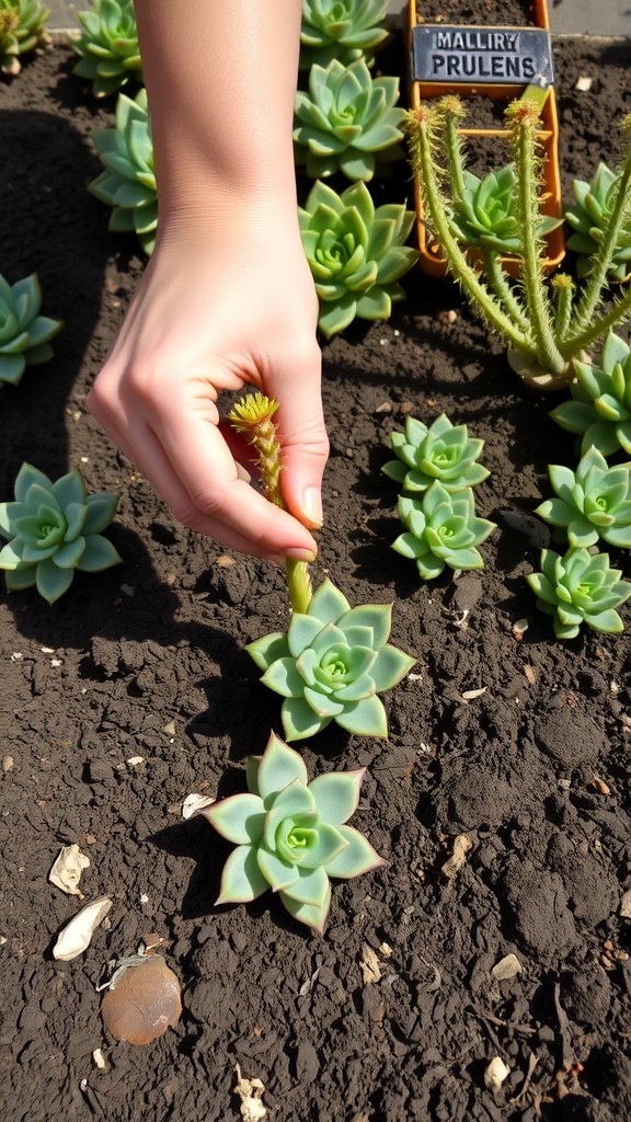 A person planting a succulent cutting in soil, ensuring the cut end is slightly below the surface.