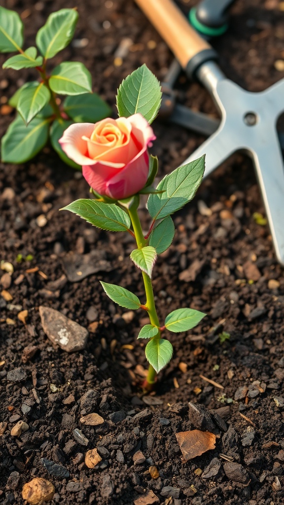 A rose cutting planted in soil with a garden tool nearby