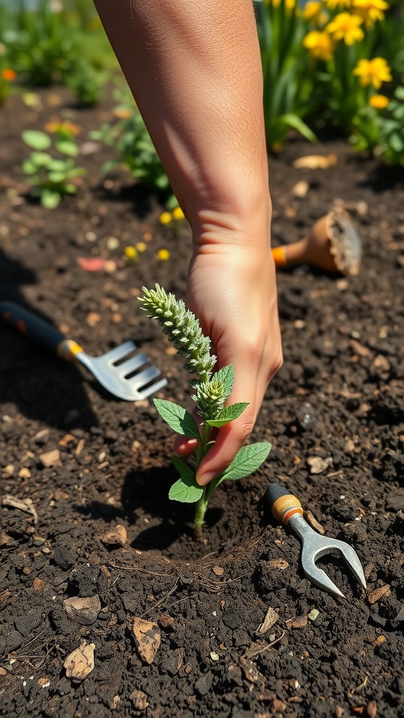 A hand planting a sage cutting into the soil with a garden tool nearby.
