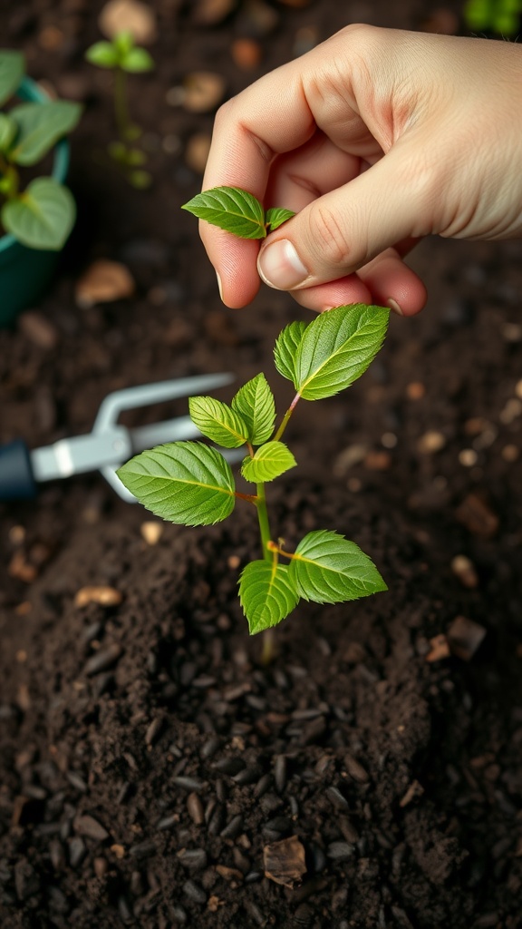 A person planting a Money Tree cutting into soil, ensuring the leaf node is below the surface.