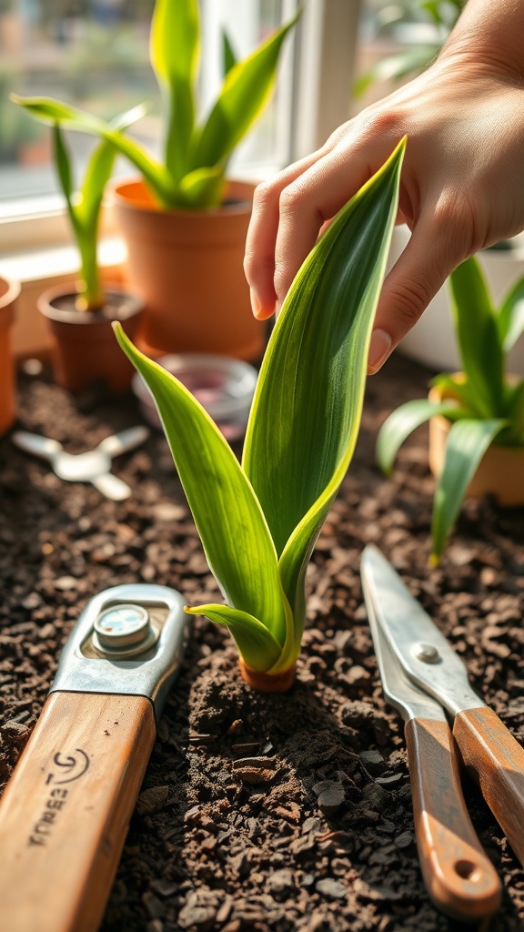 A person planting a snake plant leaf cutting in soil, with gardening tools and other pots in the background.