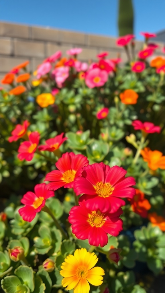 Colorful Portulaca flowers in bright reds, pinks, oranges, and yellows against a blue sky.