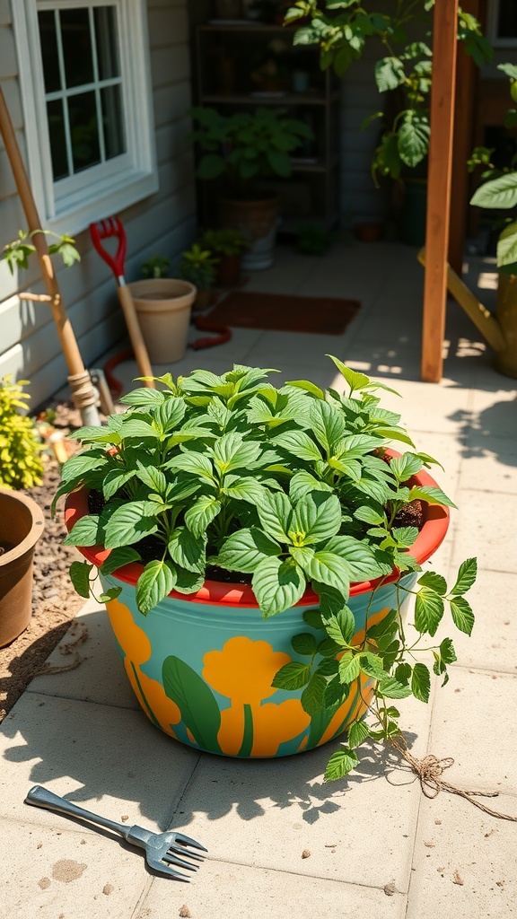 Colorful container with lush green potato plants positioned in a sunny garden area.