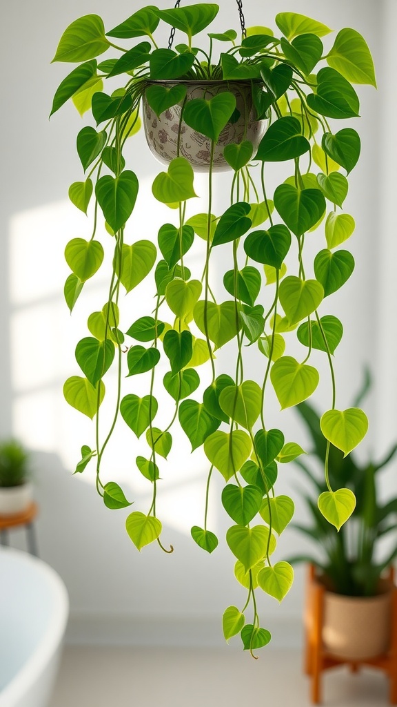 A vibrant pothos plant hanging with cascading green leaves, brightening up a bathroom setting.