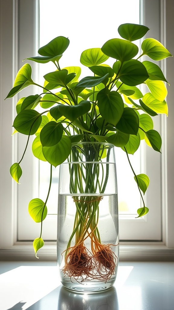 A Pothos plant with vibrant green leaves growing in a clear vase filled with water, showcasing its beautiful roots.