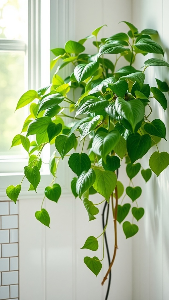 A healthy pothos plant with heart-shaped leaves hanging near a window in a bathroom.