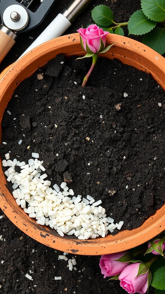 A terracotta pot filled with dark potting soil and white perlite granules, alongside pink roses and gardening tools.