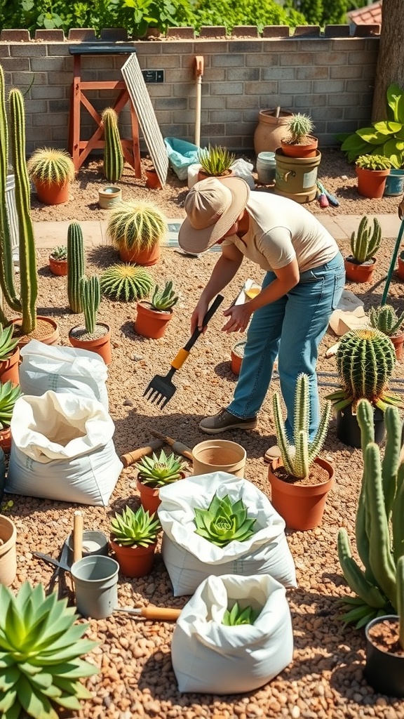 Gardener preparing potting mix for succulents in a garden setting.