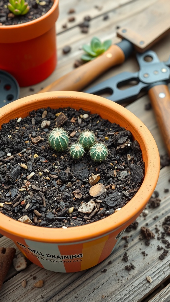 A well-draining potting mix in an orange pot with small succulents and gardening tools in the background.