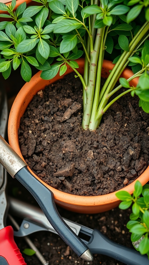 A close-up of a Chinese Money Tree in a terracotta pot with dark soil, surrounded by gardening tools.