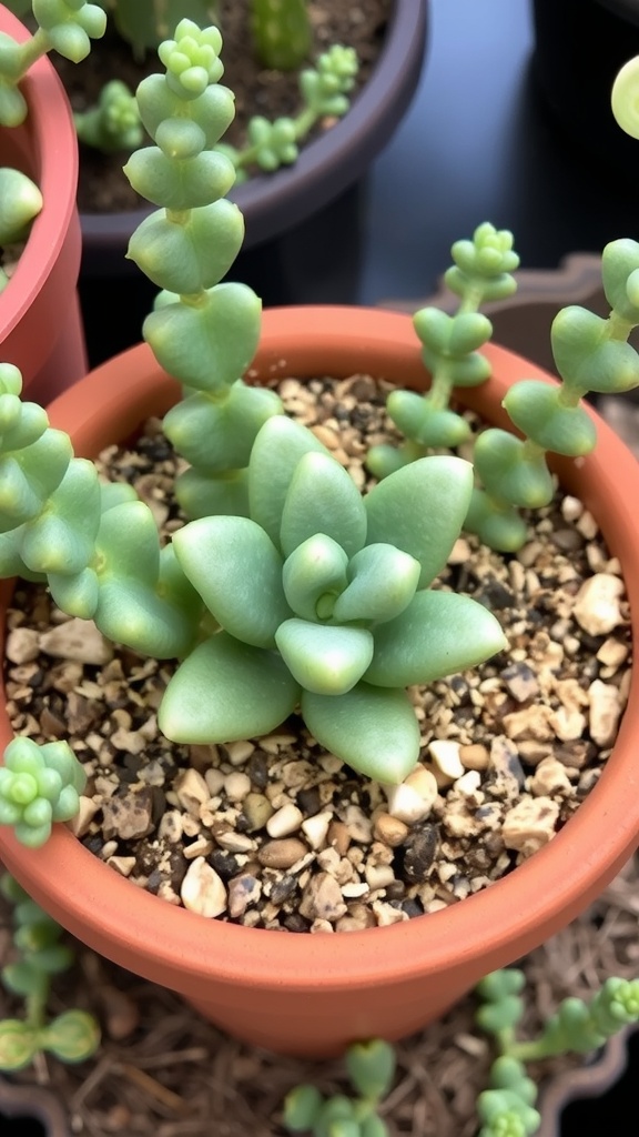 A terracotta pot filled with a well-draining soil mix, featuring a young Jade plant cutting in the center.