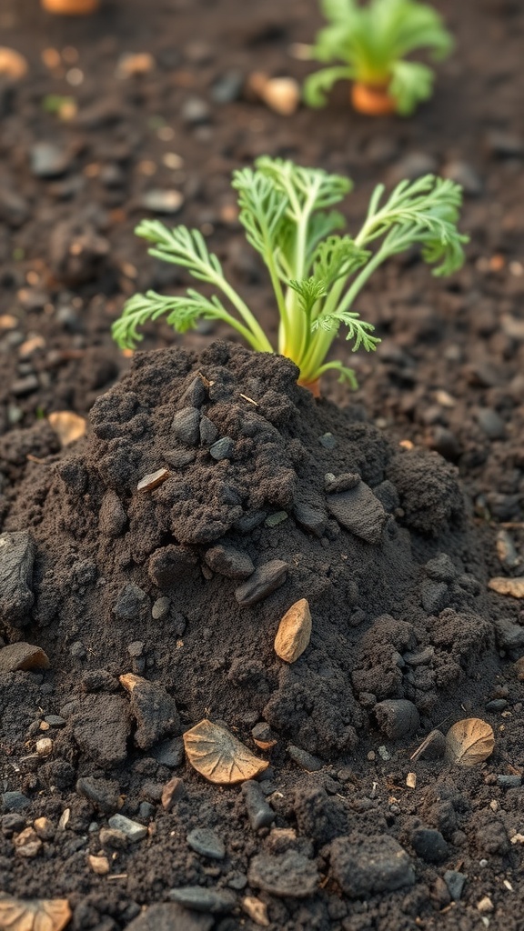 A mound of dark, rich soil with scattered leaves, showing healthy carrot plants in the background.