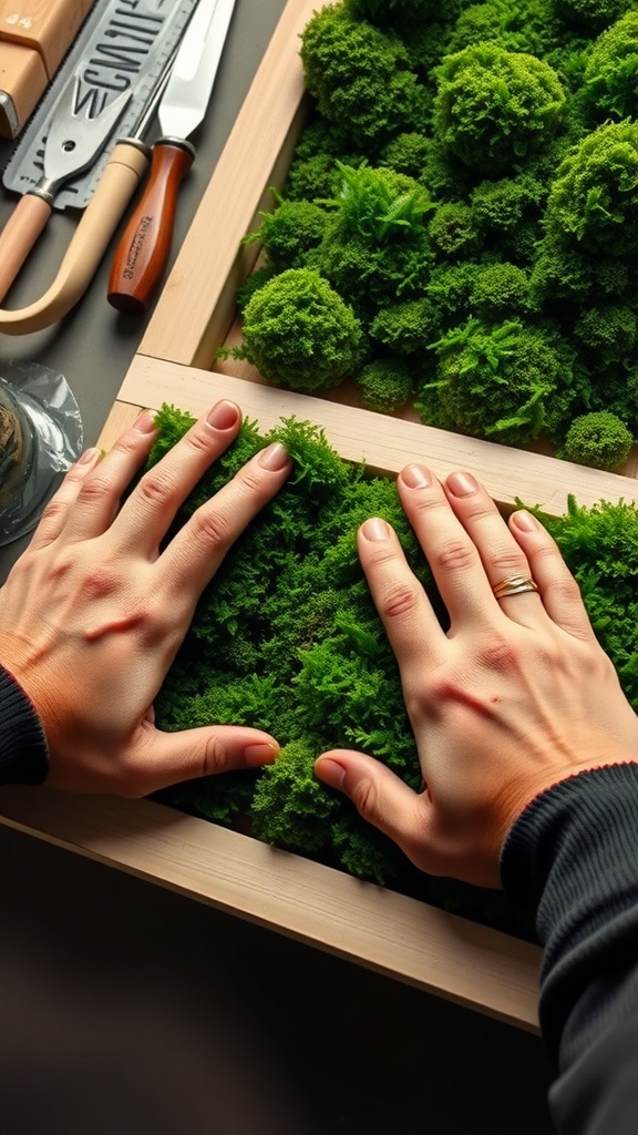 Hands pressing down on moss in a wooden frame, surrounded by tools for crafting.