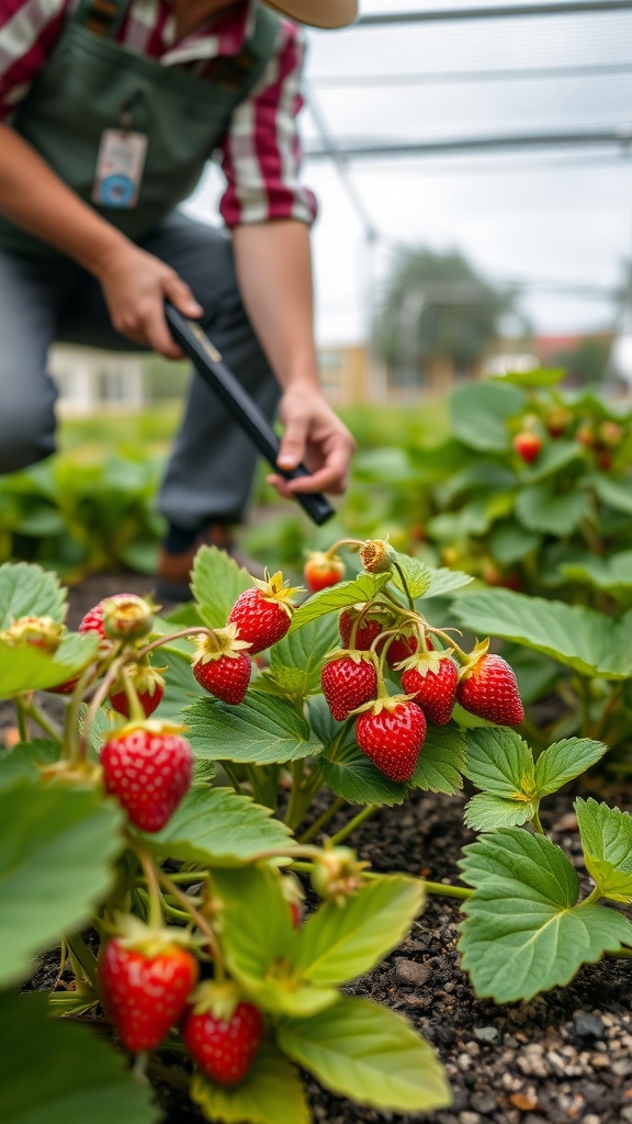 A person pruning strawberry plants in a greenhouse, focusing on the ripe strawberries and lush green leaves.