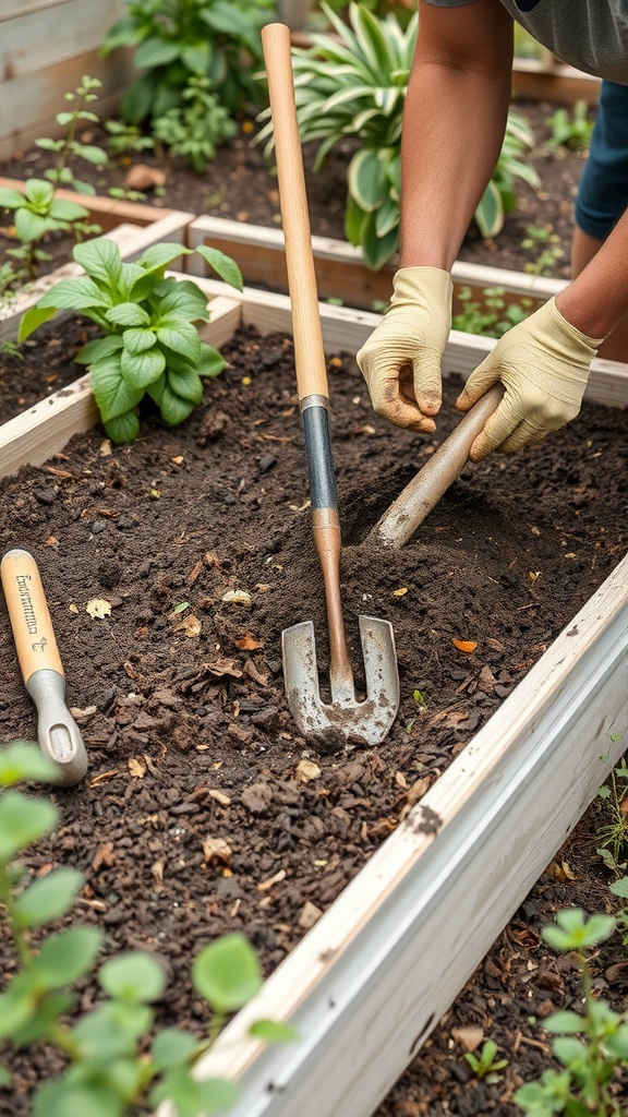 A person digging in rich soil within a raised garden bed, using a hand trowel and wearing gloves.