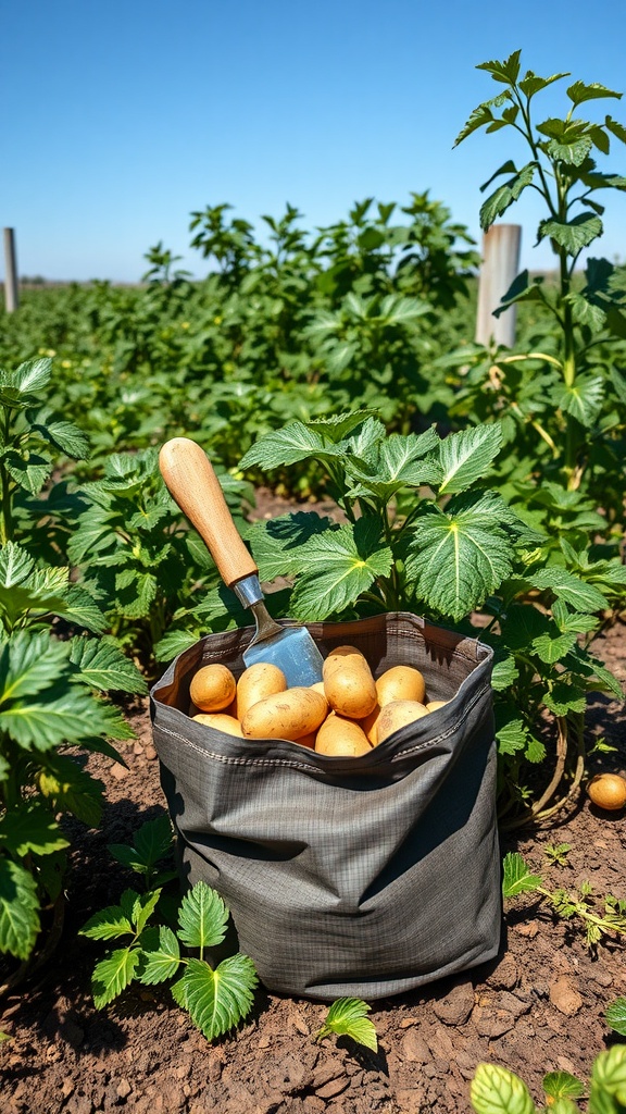 A grow bag filled with freshly harvested potatoes and a hand trowel, surrounded by green potato plants