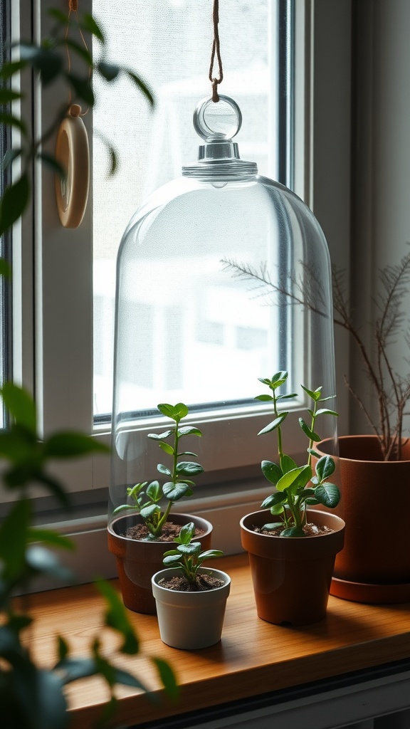 Young jade plant cuttings in pots on a windowsill, covered with a glass dome for protection.