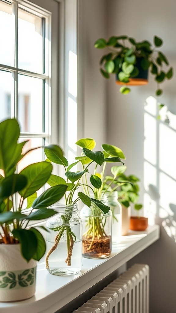 Pothos cuttings in jars on a windowsill, receiving bright, indirect light