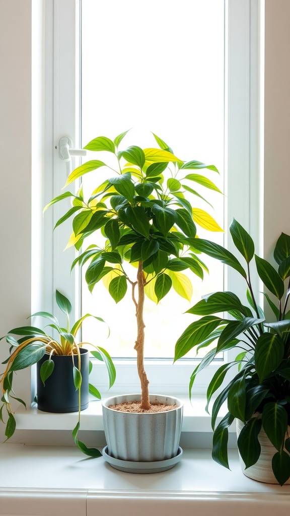 A healthy Money Tree plant by a bright window, surrounded by other greenery.