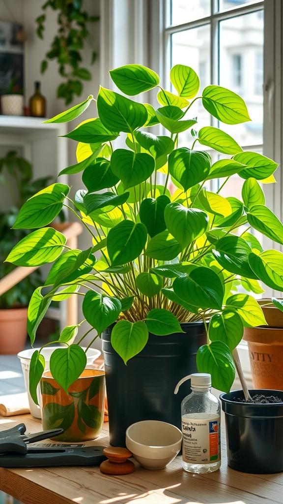 A bright, healthy Pothos plant in a pot surrounded by gardening supplies