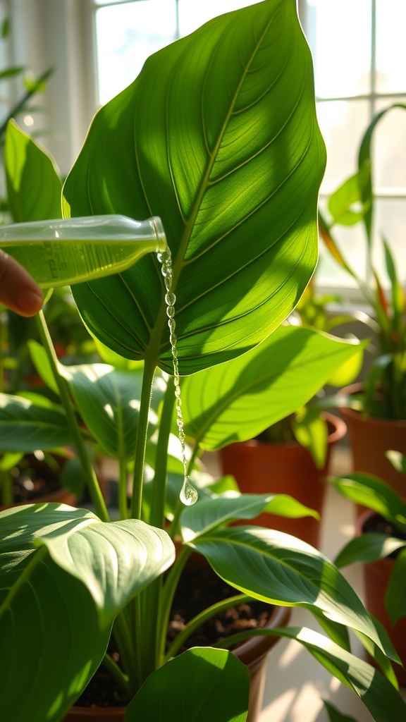 A person pouring liquid fertilizer onto a large green Monstera leaf in bright sunlight.