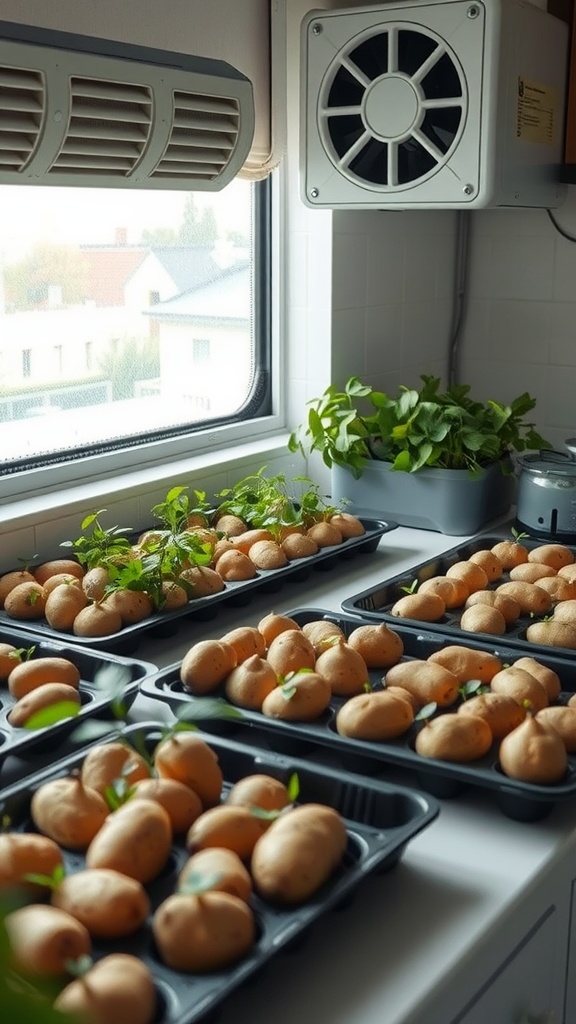 Trays of chitted potatoes with sprouts in a well-ventilated space