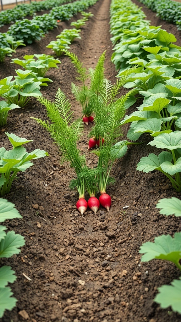 Rows of healthy radishes growing in a garden with leafy greens on either side