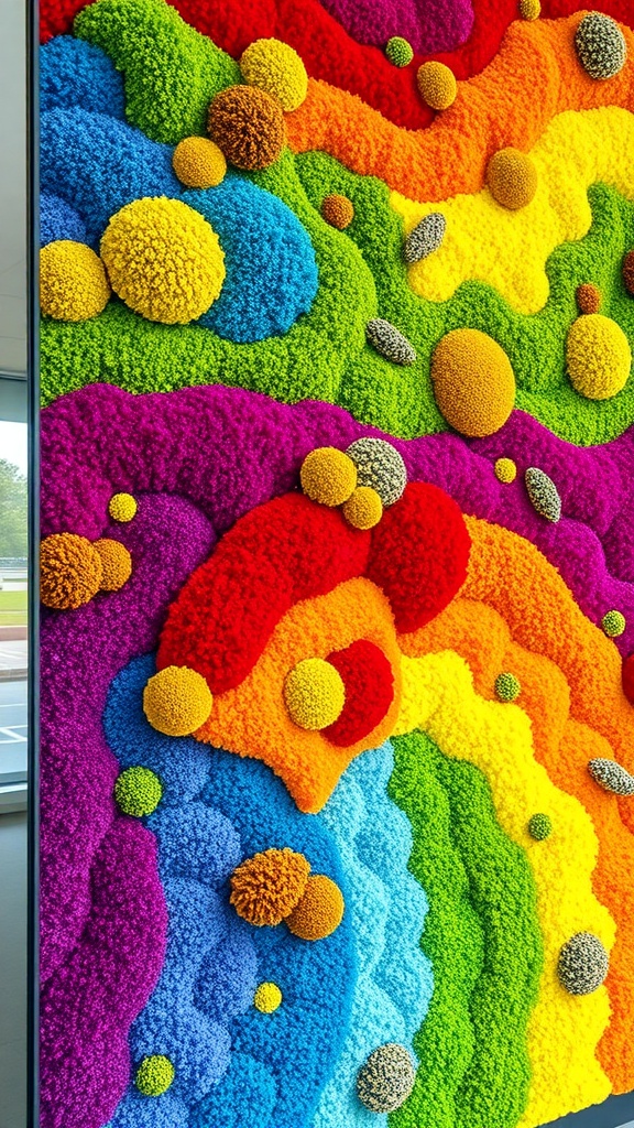 Vibrant rainbow moss art featuring bright colors and textured patterns