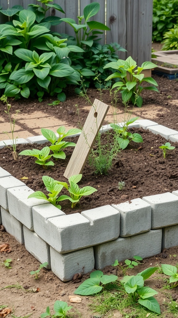 Cinder block raised garden bed with small plants growing inside.