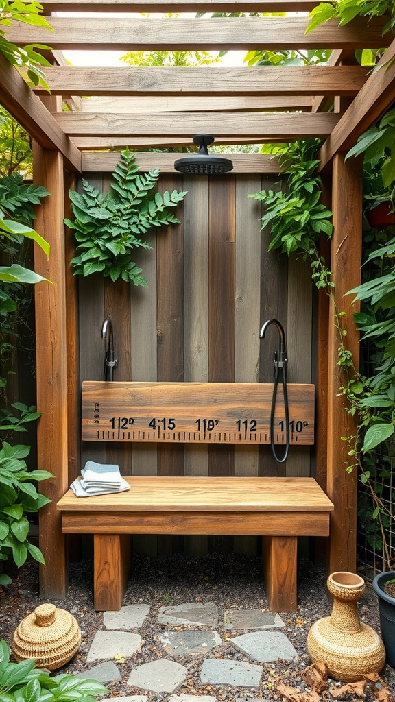 A rustic outdoor shower setup featuring a reclaimed wood bench, a sleek showerhead, and lush greenery.