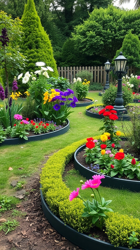 A beautiful garden with colorful flowers and recycled plastic edging defining the flower beds.