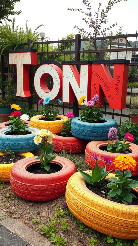 Colorful recycled tire planters filled with flowers in a garden setting.