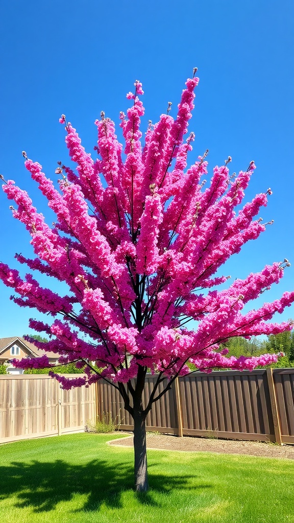 A vibrant pink Redbud tree against a clear blue sky, showcasing its beautiful flowers and graceful branches.