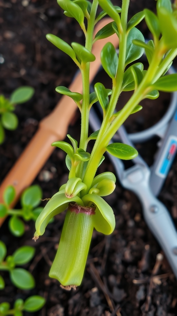 A jade plant cutting with excess leaves trimmed away, exposing the stem for propagation.