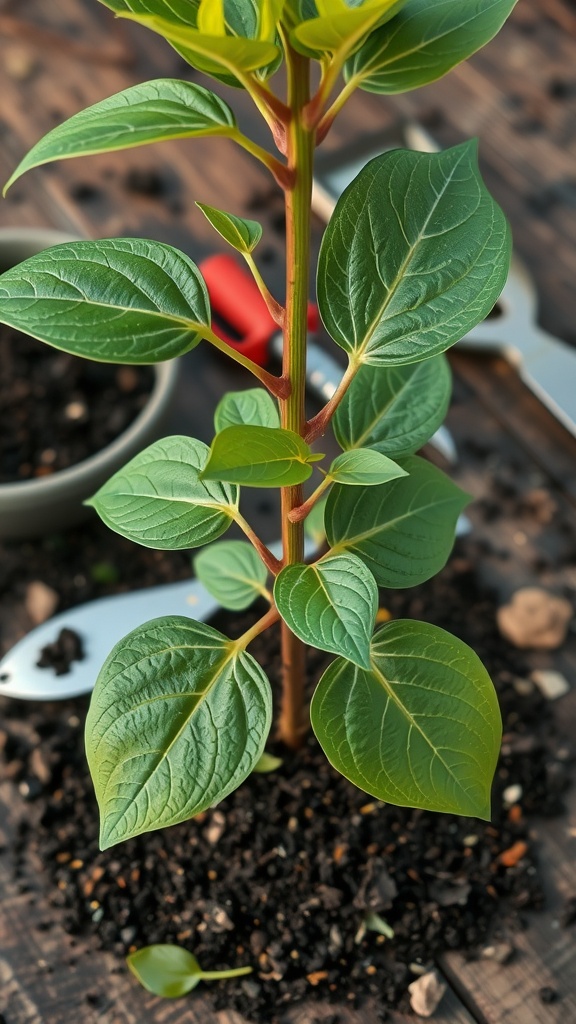 A close-up of a healthy Money Tree cutting, showing the stem and leaves ready for propagation.